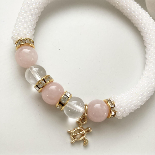 ビーズクロッシェのブレスレット④（ローズクォーツホヌ  