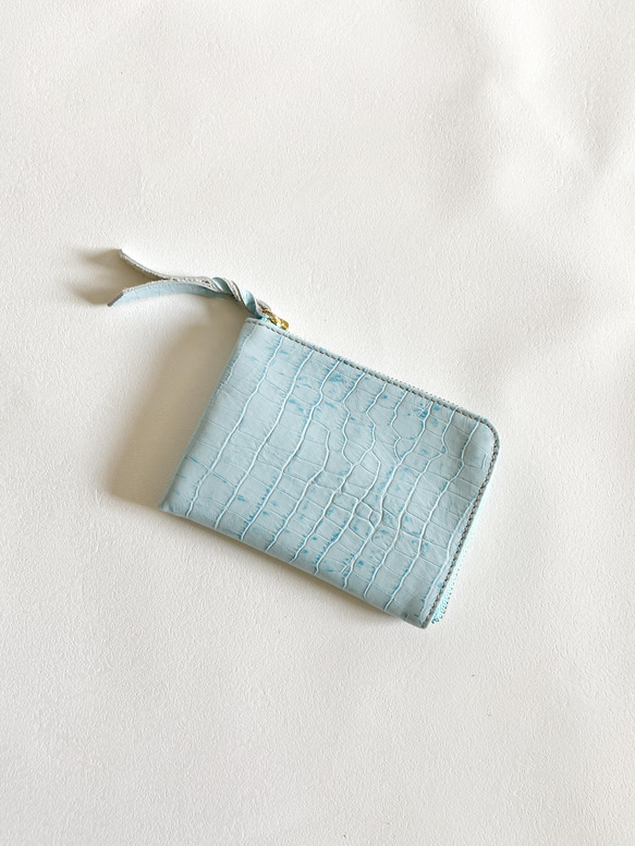 大きい L字財布 本革 カードケース 姫路レザー クロコ 水色 5枚目の画像