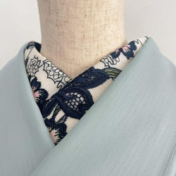 花のこってり刺繍 ヴィンテージレース半衿 ハンドメイド半襟 白 紺 3枚目の画像