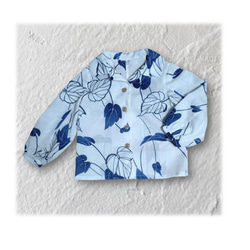 14＊トロピカル葉柄浴衣リメイクレトロオープンカラーブラウスジャケット（白×紺） 4枚目の画像