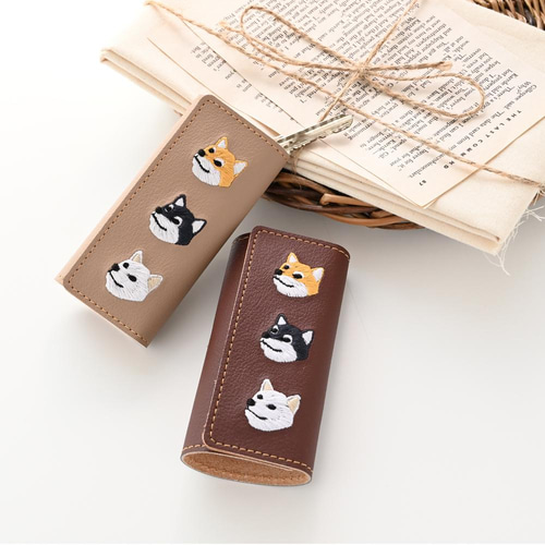 キーケース 【 刺繍 柴犬 】 レザー 鍵 スマートキー 赤柴 黒柴 白柴 