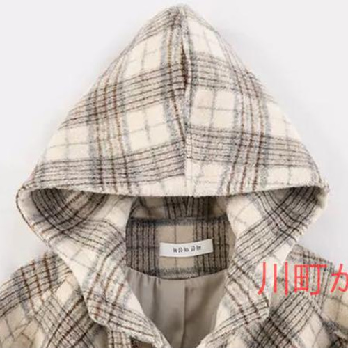 新品 コーデ ダッフルコート レディース チェック柄 フード