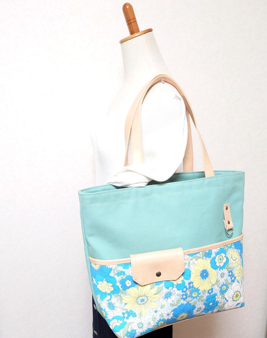 色の変更可能・ミント8号帆布と花柄とベージュ合皮のトートバッグ（受注製作)
