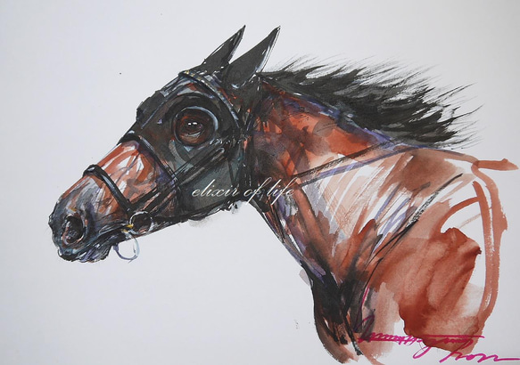 黒いマスクの競走馬２０２２（水彩画用紙、A4、墨、水彩） 1枚目の画像