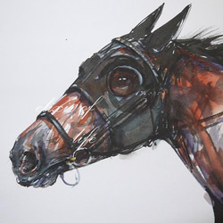 黒いマスクの競走馬２０２２（水彩画用紙、A4、墨、水彩） 2枚目の画像