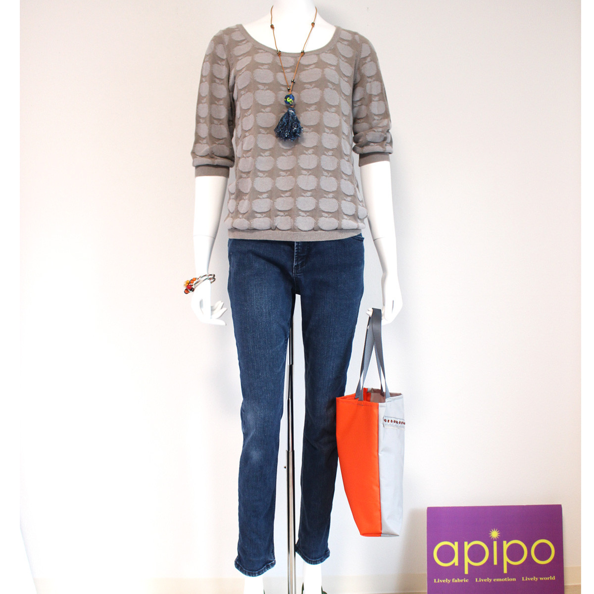 サマーニット 柄 7分袖 コットン ジャガード リンゴ sale ベージュ【定価15,400円】