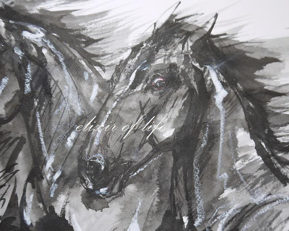 三頭の黒い馬からなるトロイカ２０２２（水彩画用紙、A4、墨） 3枚目の画像