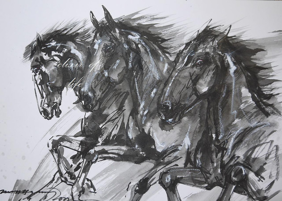 三頭の黒い馬からなるトロイカ２０２２（水彩画用紙、A4、墨） 1枚目の画像