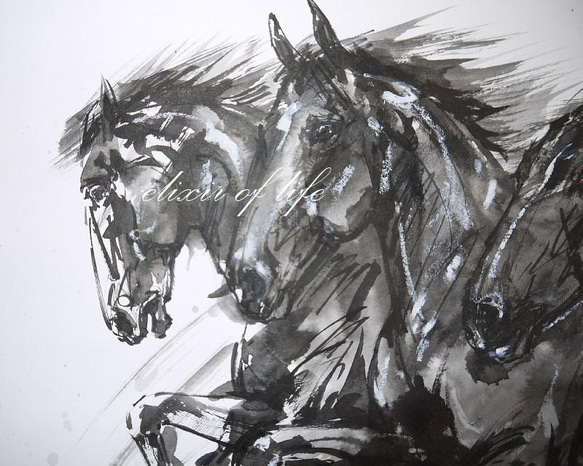 三頭の黒い馬からなるトロイカ２０２２（水彩画用紙、A4、墨） 2枚目の画像