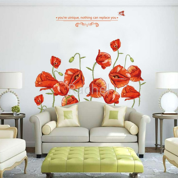 ウォールステッカーY08　ケシの花　赤　フラワー　模様替え　DIY　送料無料 剥がせるシール 壁シール インテリアシール 1枚目の画像