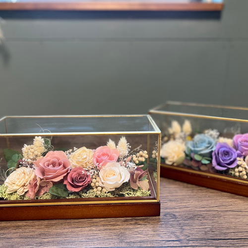 ガラスケース入り プリザーブドフラワー くすみピンク フラワーギフト