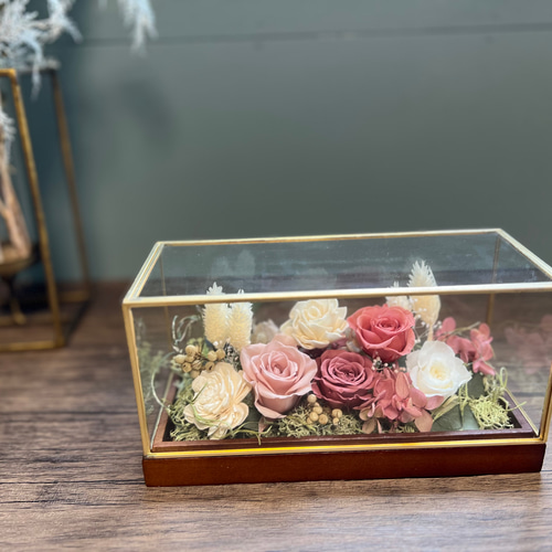 ガラスケース入り プリザーブドフラワー くすみピンク フラワーギフト