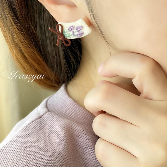 【lavender】手刺繍ラベンダーの耳飾り　ピアス　イヤリング 9枚目の画像