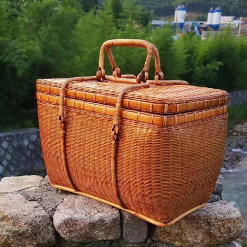 職人手作り 収納ケース 自然竹の編み上げ 茶道具収納 ピクニック