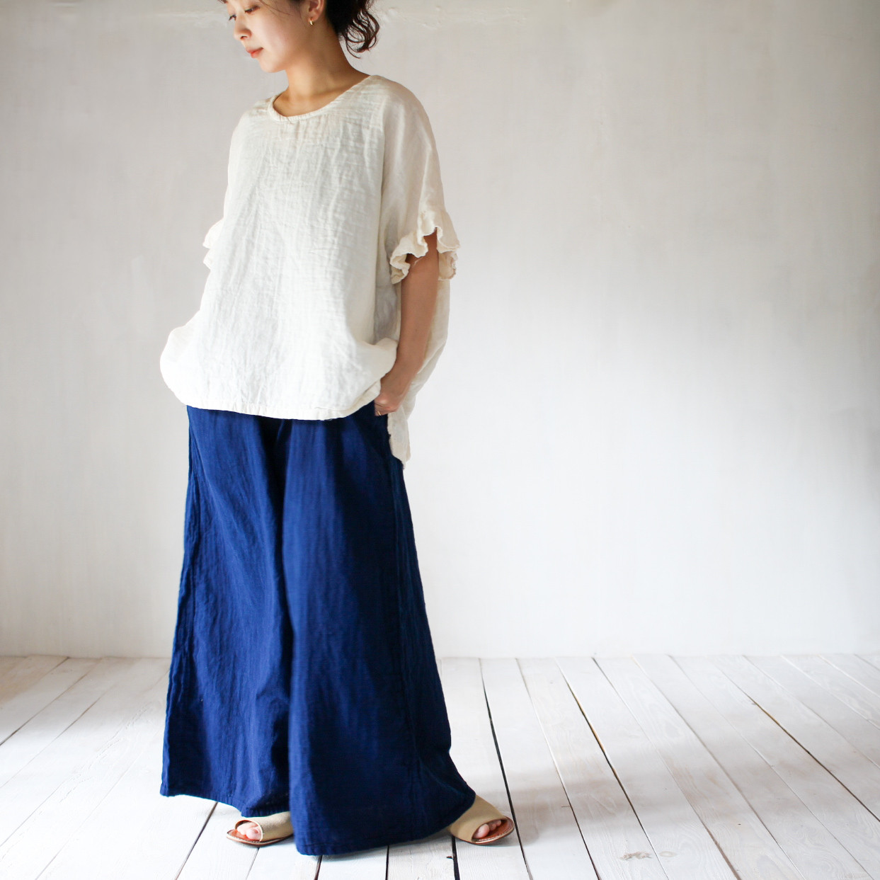 nadesiko / 群青色 / 藍染め ガーゼワイドパンツ