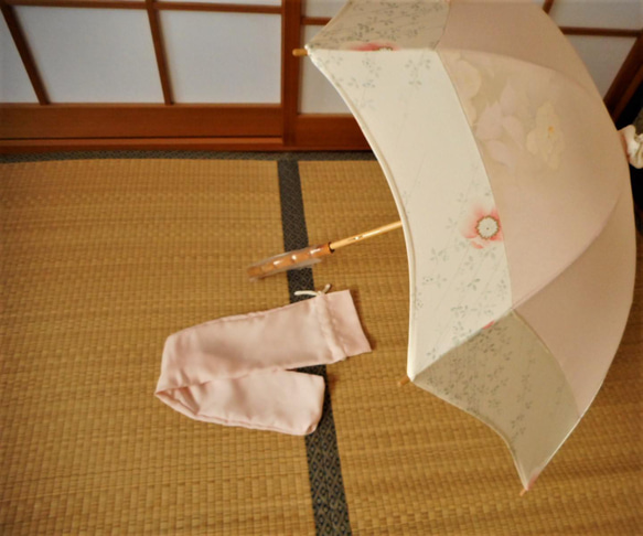 ②ピンクの正絹日傘（傘袋付き） 2枚目の画像