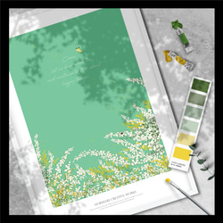 【ミモザと雪柳とユーカリの庭】インテリア ボタニカル アートポスター　ミントグリーン背景 1枚目の画像
