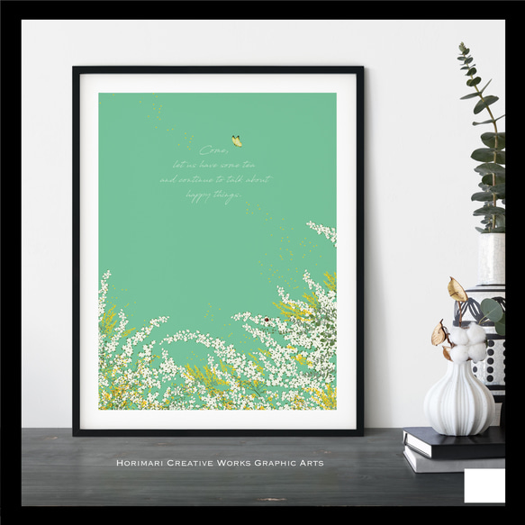 【ミモザと雪柳とユーカリの庭】インテリア ボタニカル アートポスター　ミントグリーン背景 2枚目の画像