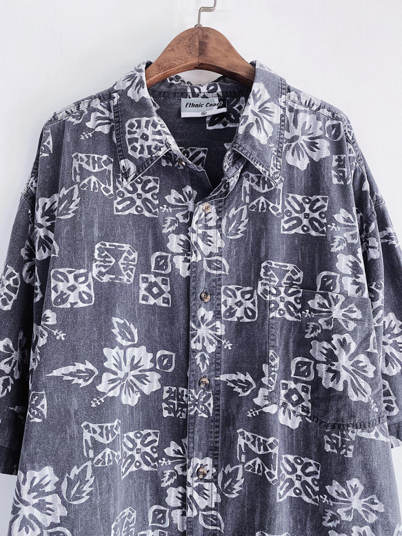 淺灰滿版圖騰花紋 古著棉質夏威夷襯衫上衣 vintage Aloha Shirt 第8張的照片