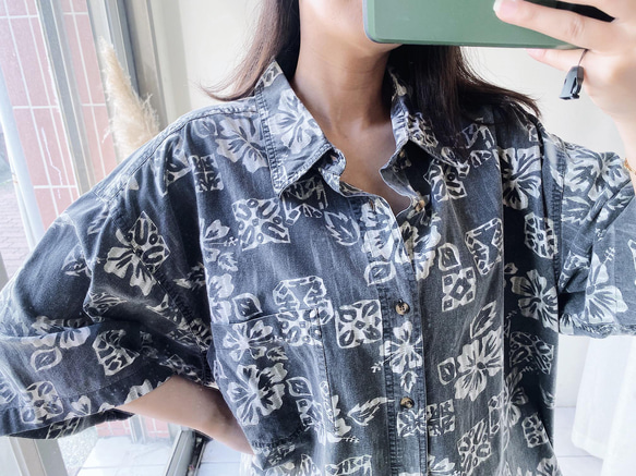 淺灰滿版圖騰花紋 古著棉質夏威夷襯衫上衣 vintage Aloha Shirt 第4張的照片
