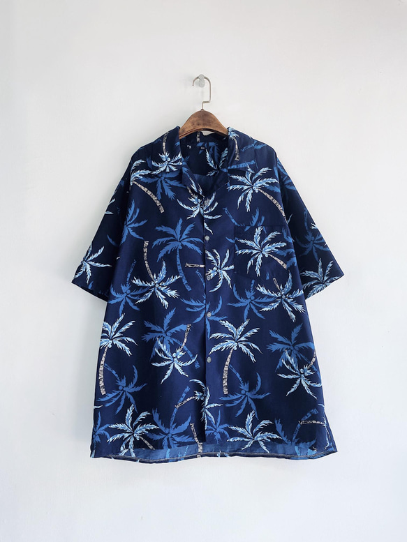 夏季深藍椰子樹蔭紋 古著夏威夷襯衫上衣 vintage Aloha Shirt 第7張的照片