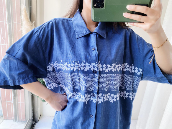 淺水灰藍圖騰花卉 古著棉質夏威夷襯衫上衣vintage Aloha Shirt 第3張的照片