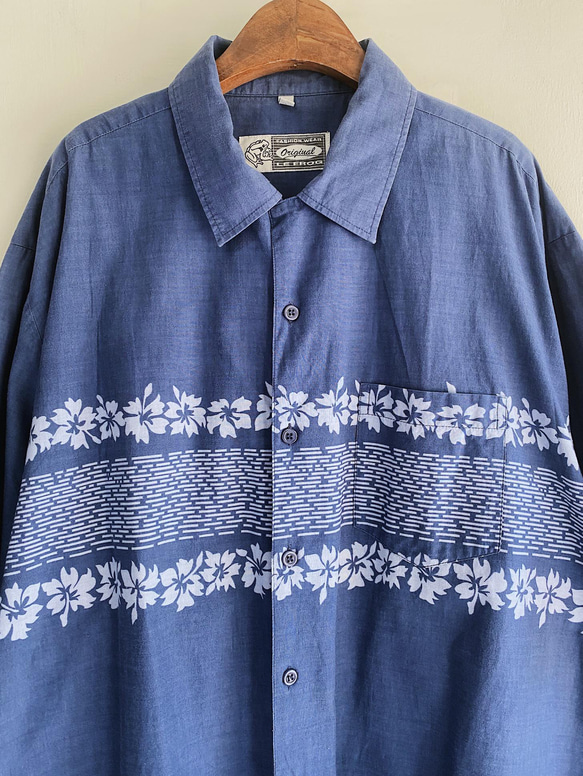 淺水灰藍圖騰花卉 古著棉質夏威夷襯衫上衣vintage Aloha Shirt 第9張的照片