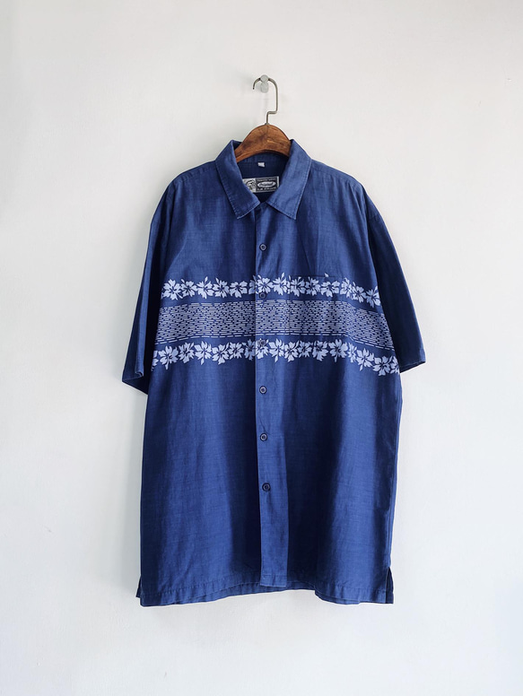 淺水灰藍圖騰花卉 古著棉質夏威夷襯衫上衣vintage Aloha Shirt 第7張的照片