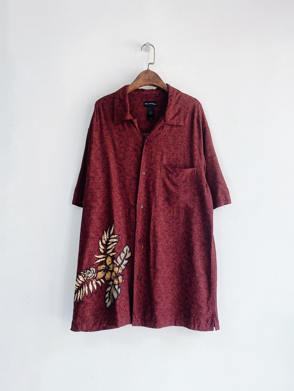 棗紅色單圖浪漫花卉 古著絲質夏威夷襯衫上衣vintage Aloha Shirt 第7張的照片