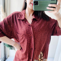 棗紅色單圖浪漫花卉 古著絲質夏威夷襯衫上衣vintage Aloha Shirt 第4張的照片