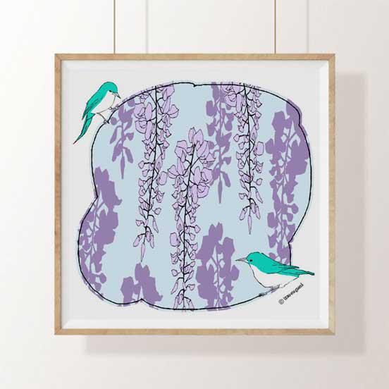 藤の花と小鳥　インテリアイラストポスター