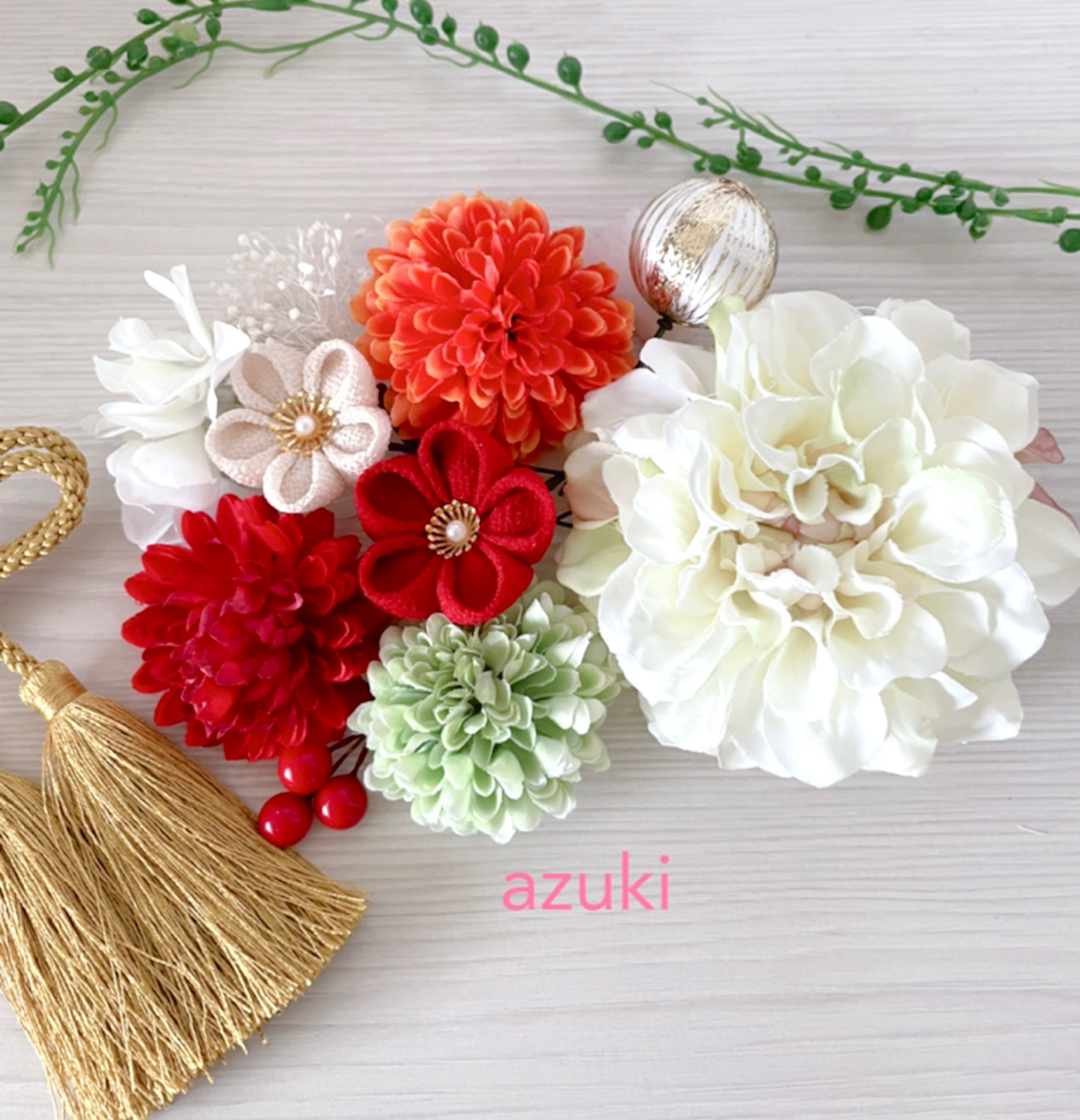 髪飾り　つまみ細工　ダリア　マム　かすみ草ブリザードフラワー　❁︎ 11点セット ❁︎ダブルタッセルリボンの色変更可能