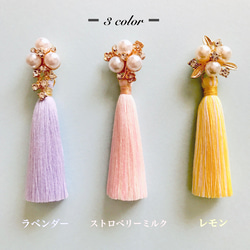 ラベンダー ロングタッセル✳︎藤の花と３粒パールカボション イヤリング／2way／フォーマル／結婚式／ピアス 6枚目の画像