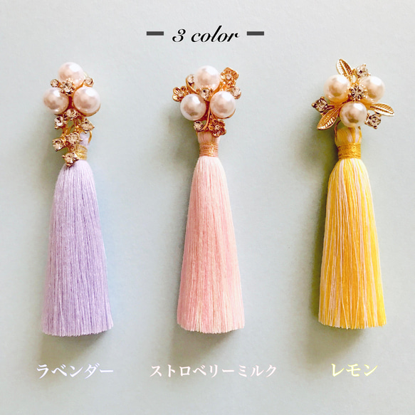 ラベンダー ロングタッセル✳︎藤の花と３粒パールカボション イヤリング／2way／フォーマル／結婚式／ピアス 6枚目の画像