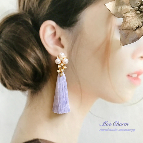 ラベンダー ロングタッセル✳︎藤の花と3粒パールカボション