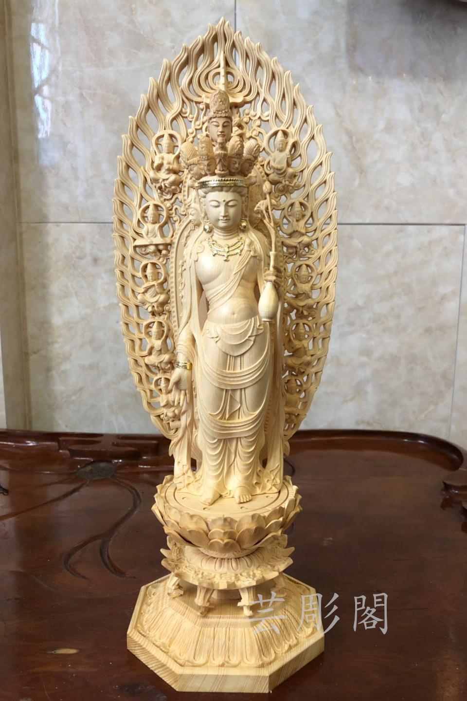 最新作総檜材仏教工芸品木彫仏教精密彫刻十一面観音菩薩座像