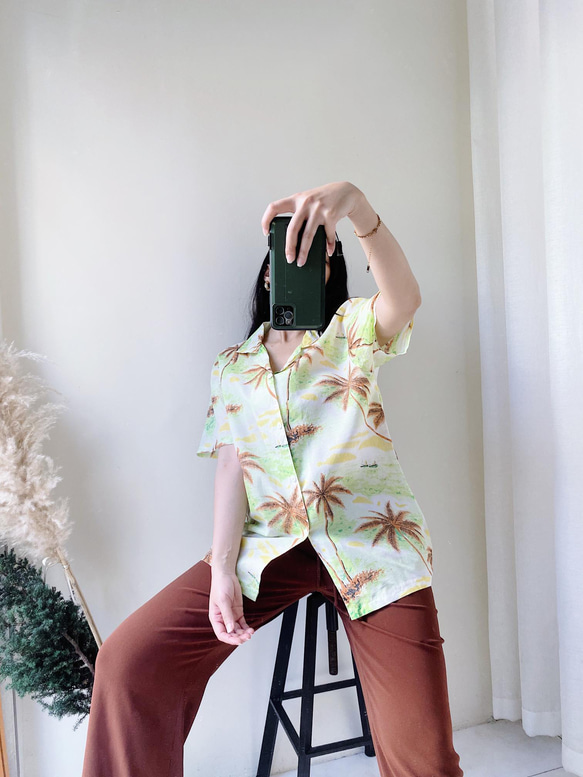 淺嫩綠度假時光 古著透膚紡紗夏威夷襯衫上衣vintage Aloha Shirt 第1張的照片