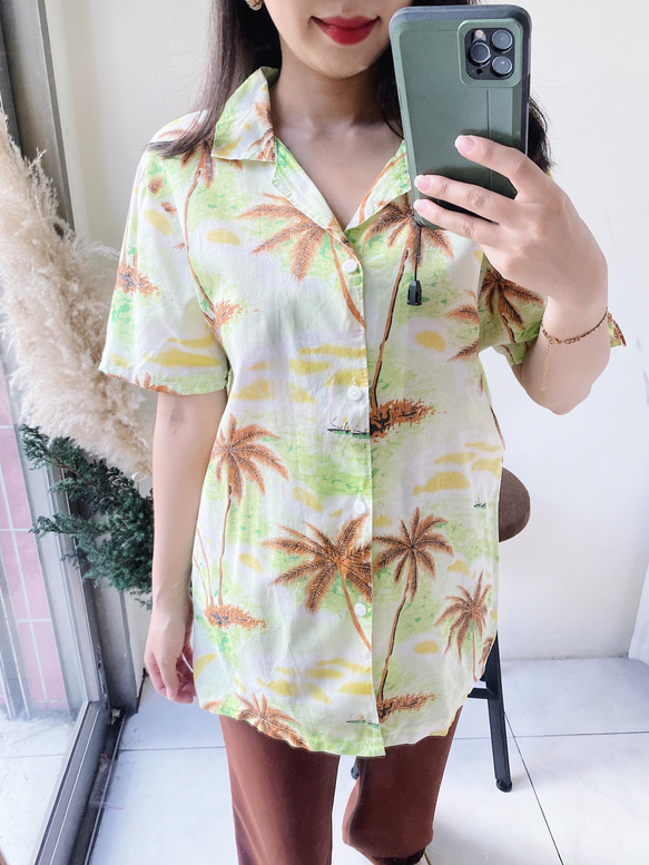 淺嫩綠度假時光 古著透膚紡紗夏威夷襯衫上衣vintage Aloha Shirt 第2張的照片