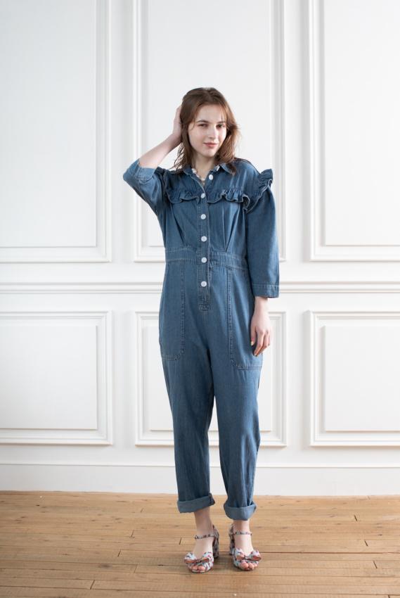 セール　デニムリメイク　フリフリフリルサロペット　一点物