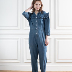 セール　デニムリメイク　フリフリフリルサロペット　一点物 SALE 】30％OFFデニムフリルオールインワン（ブルー