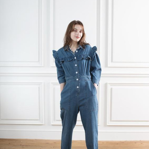 SALE 】30％OFFデニムフリルオールインワン（ブルー