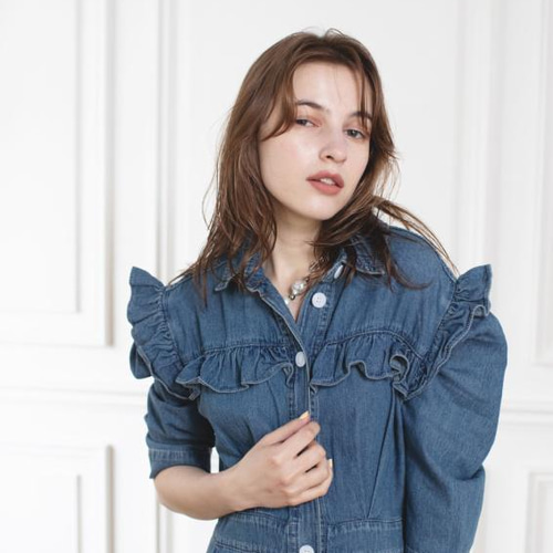 リメイクデニム　超フリルたっぷりサロペワンピ SALE 】30％OFFデニムフリルオールインワン（ブルー