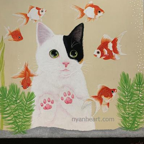 原画】「興味津々」/金魚と猫/色紙額入り 絵画 猫心~にゃん 原画】「興味津々」/金魚と猫/色紙額入り 絵画 猫心~にゃん