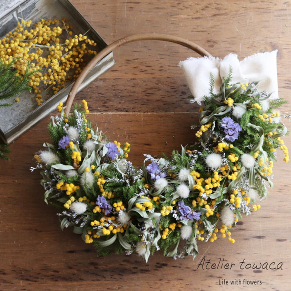 母の日☆ミモザとラグラスのハーフリース☆ドライフラワー ミモザ 母の  