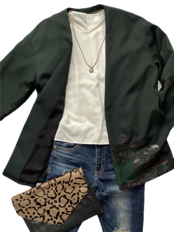 着物リメイク　ダークグリーンの春ジャケット 1枚目の画像