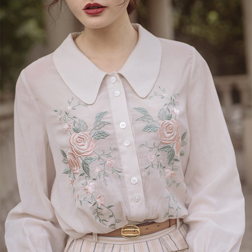 刺繍 白 シャツ レディース バンド カラー シャツ 長袖 シャツ 襟付き