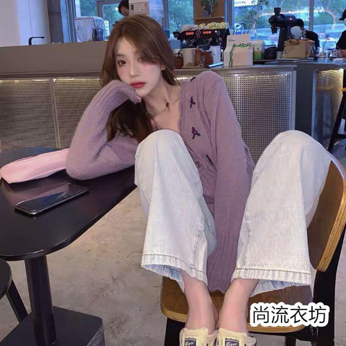 秋トップスパープル 編みお花ニット セーター 大人可愛い レーディス