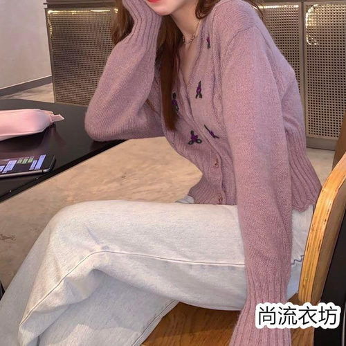 秋トップスパープル 編みお花ニット セーター 大人可愛い レーディス