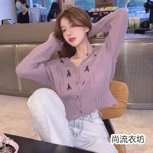 秋トップスパープル 編みお花ニット セーター 大人可愛い レーディス