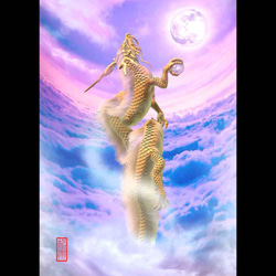 龍の絵「月と昇龍　金龍」自作A4　竜の絵 1枚目の画像